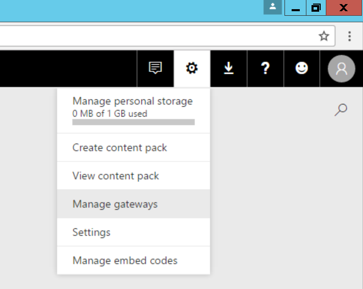 Manage gateways menu selection Power BI