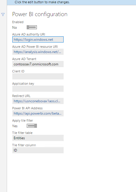 Power BI configuration screen in Dynamics AX7 (Dynamics 365 for Operations)