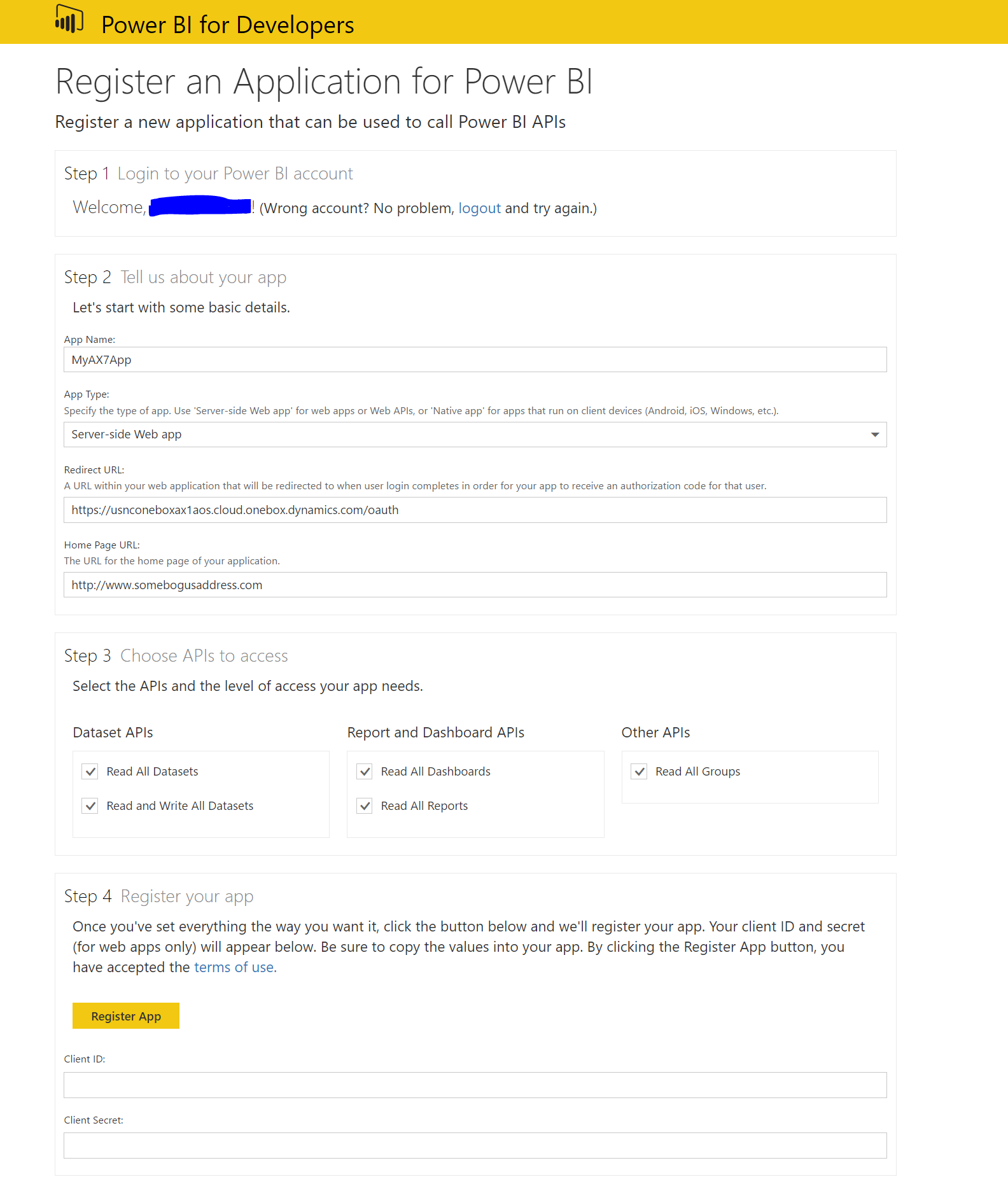 Register an application with Power BI